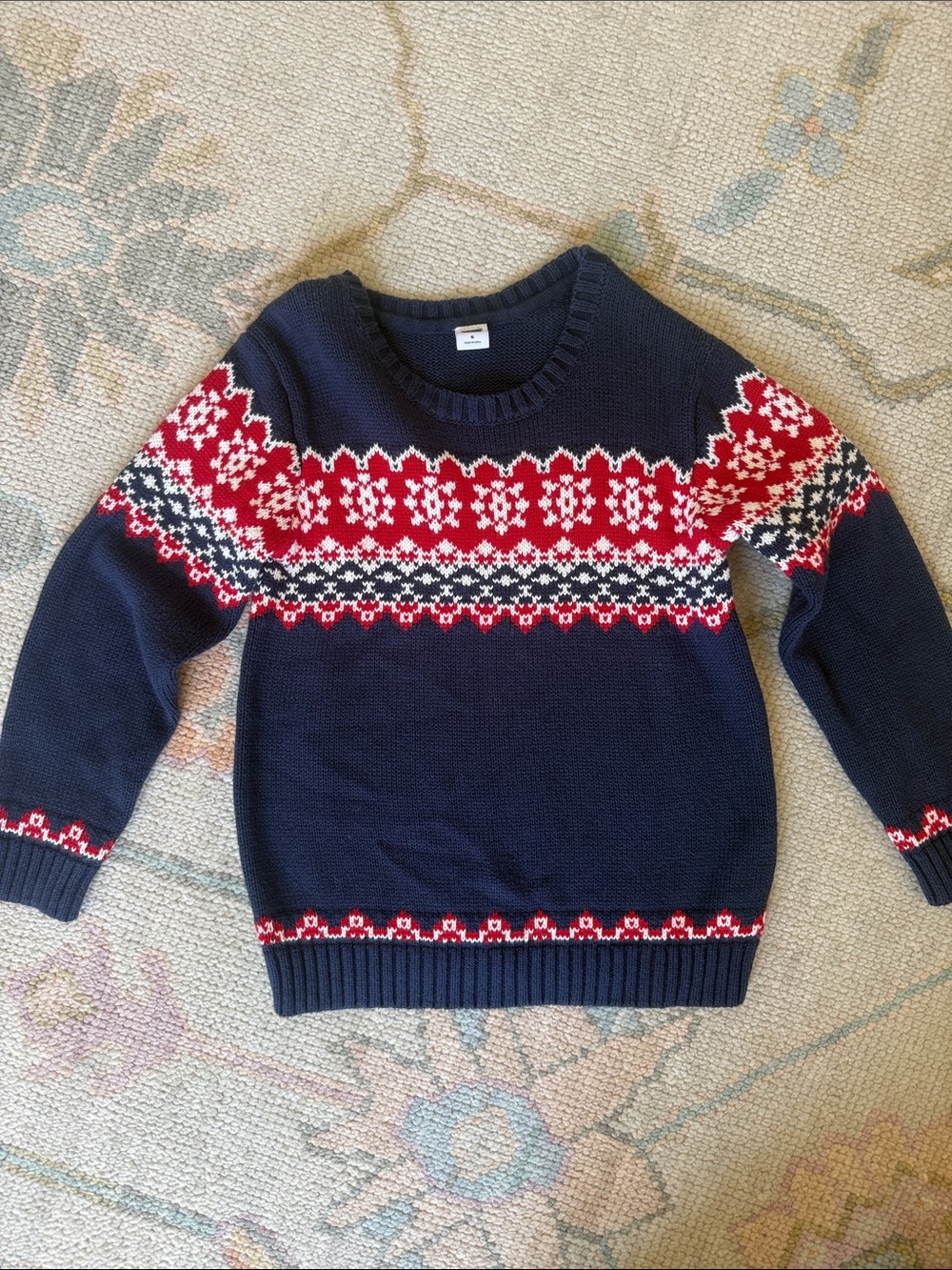 Janie and Jack Navy Crewneck Sweater with Red and White Fair Isle